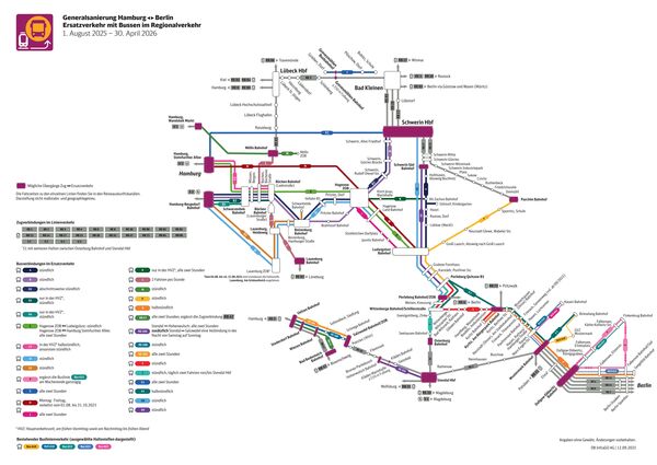 Liniennetzplan des Ersatzverkehrs mit Bussen im Korridor zwischen Hamburg und Berlin