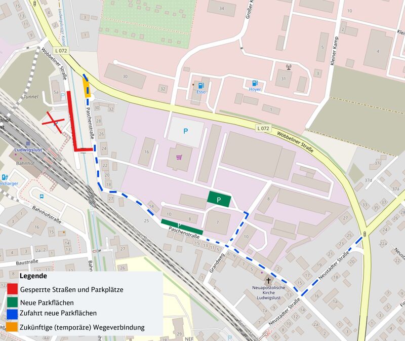 Übersichtskarte zu Sperrungen und neuen Parkflächen am Bahnhof Ludwigslust