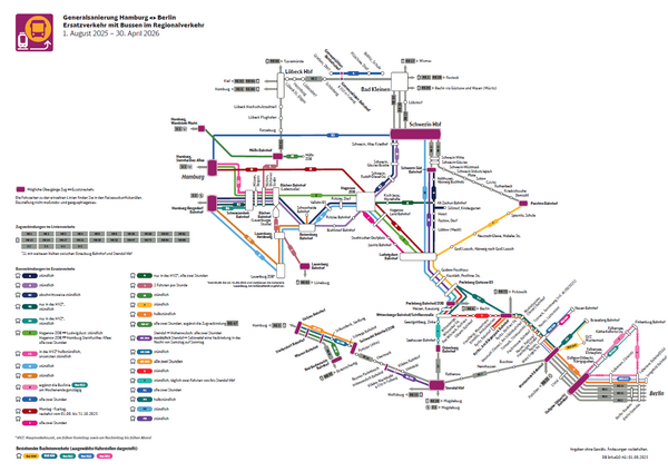 Liniennetzplan des Ersatzverkehrs mit Bussen im Korridor zwischen Hamburg und Berlin